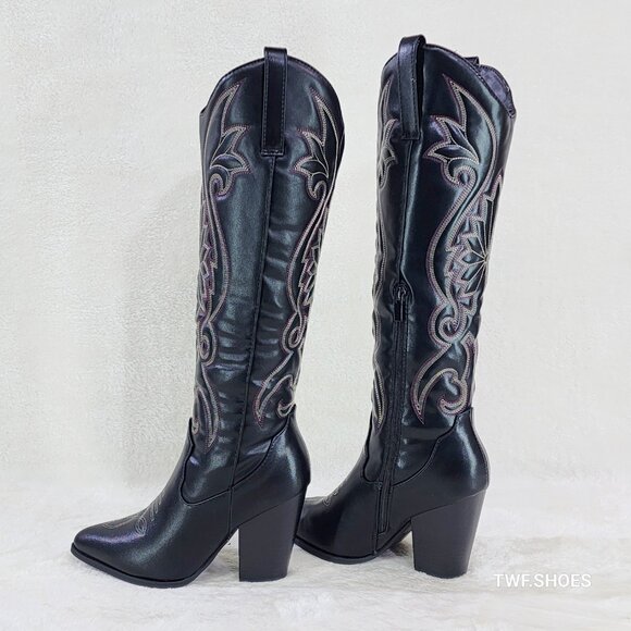 Elegant Black Embroidered Heeled Boots - Picture 3 of 7
